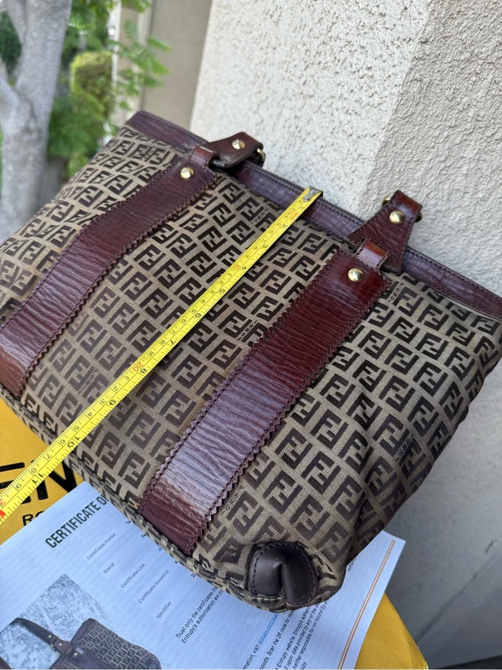 Fendi Brown Zucca Logo Canvas Shoulder Tote with Dark Brown Leather Trim